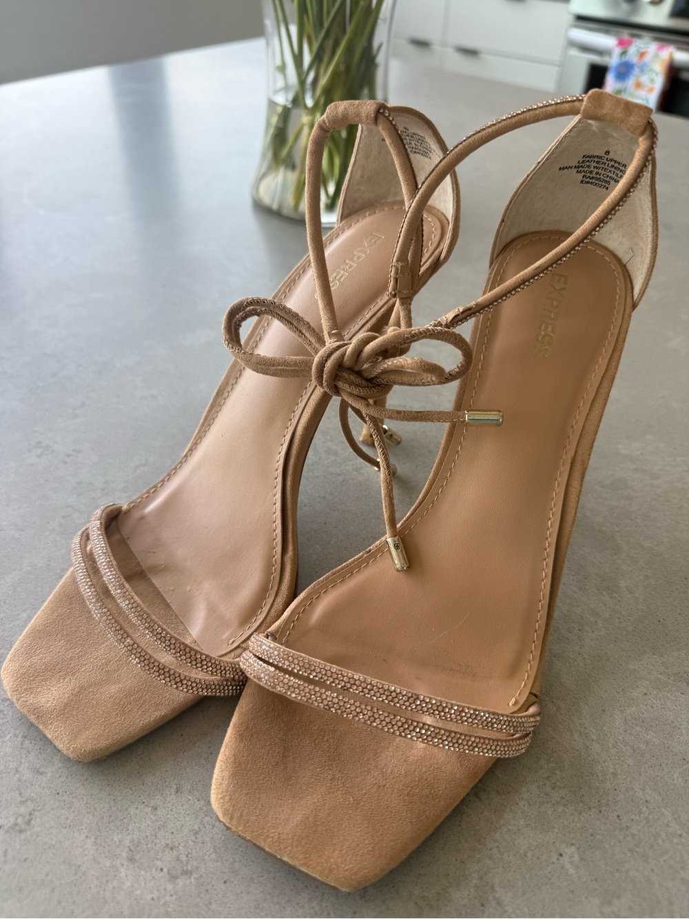 Express Beige Suede Lace-Up Heeled Sandals